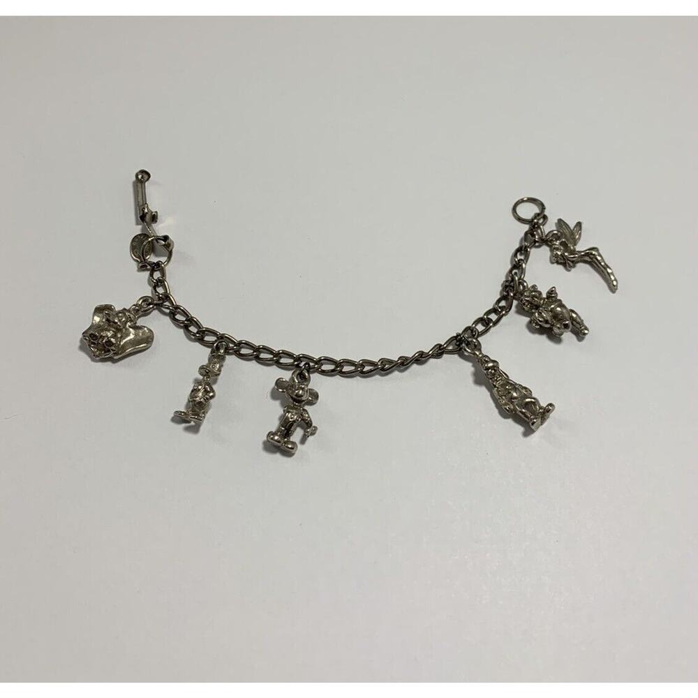 Disney Vtg SilverTone Charm KIDS Bracelet Donald Dumbo Mickey Pooh Goofy Tink